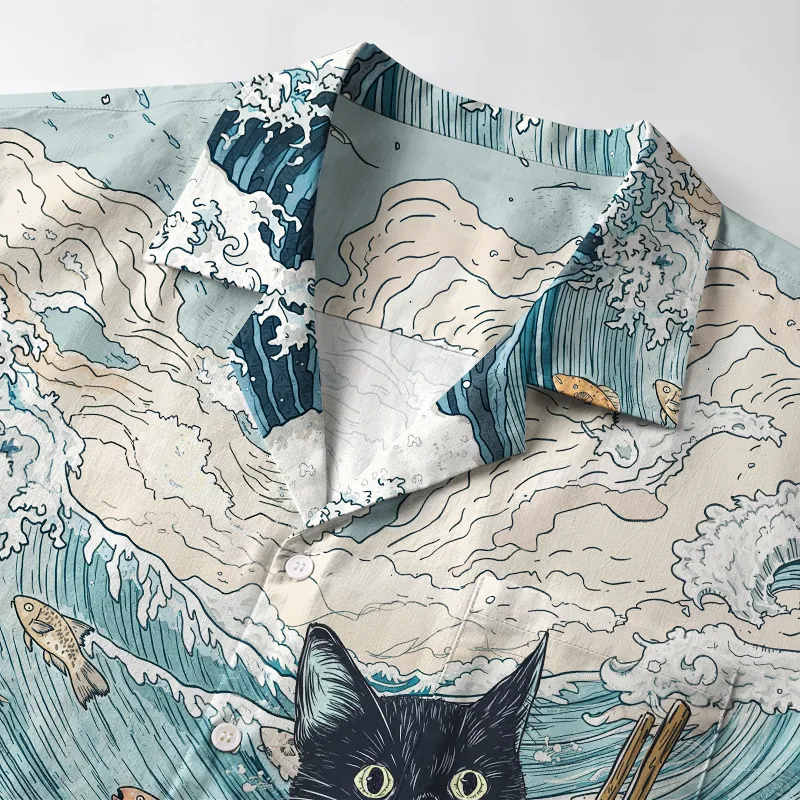 Tokyo-Tiger Naughty Cat Eating Ramen Aloha Hawaiian Shirt