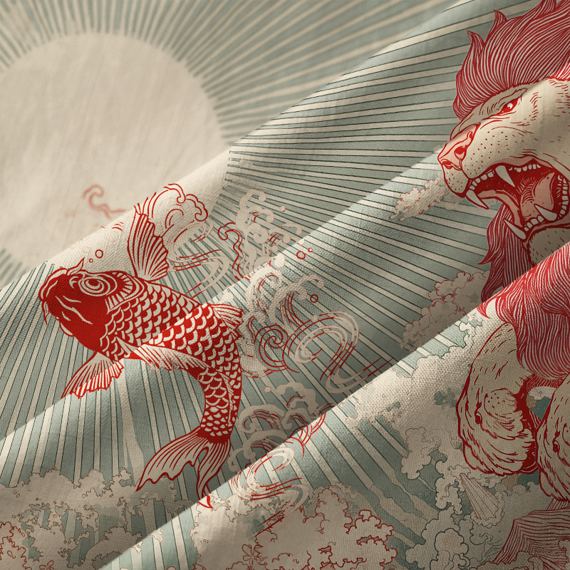 Tokyo-Tiger Waves Of Lion And Koi Button-up Shirt