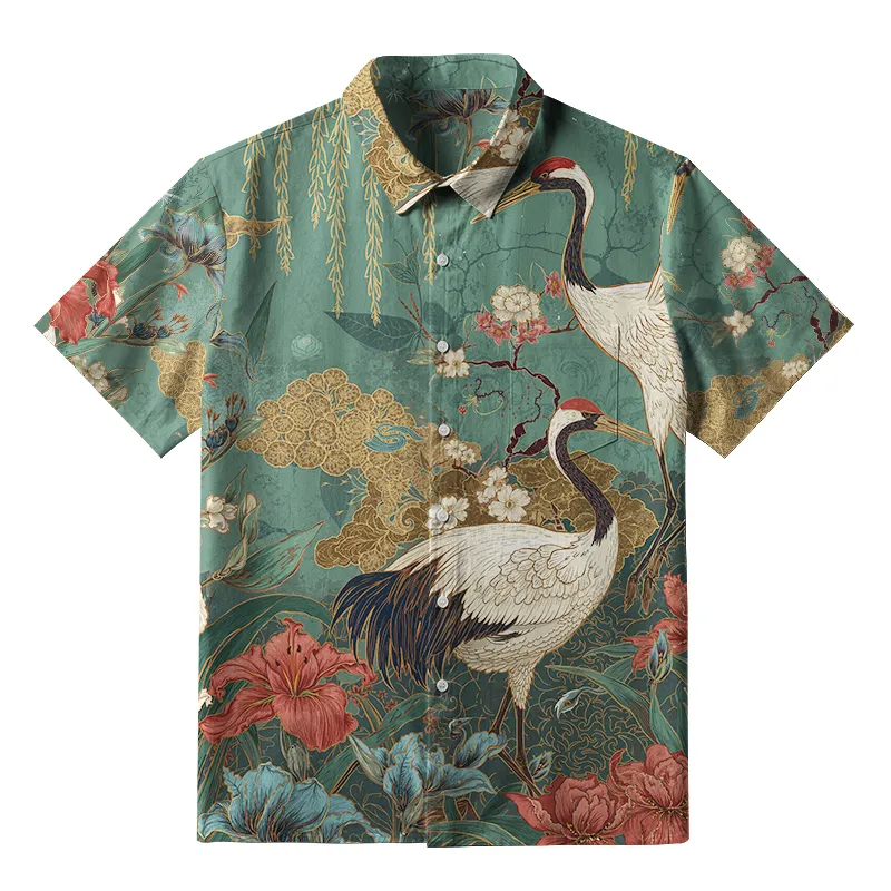 Tokyo-Tiger Red-Crowned Crane In The Garden Button-up Shirt