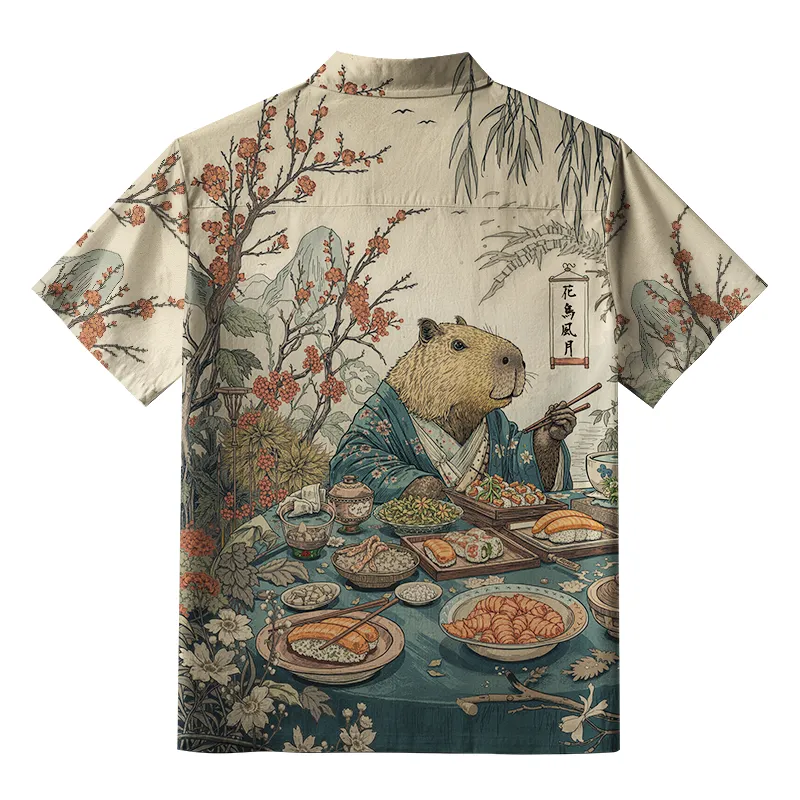 Tokyo-Tiger Capybara Enjoying Sushi Feast Button-up Shirt