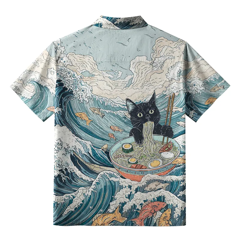 Tokyo-Tiger Naughty Cat Eating Ramen Aloha Hawaiian Shirt
