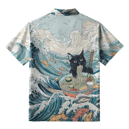 Tokyo-Tiger Naughty Cat Eating Ramen Aloha Hawaiian Shirt