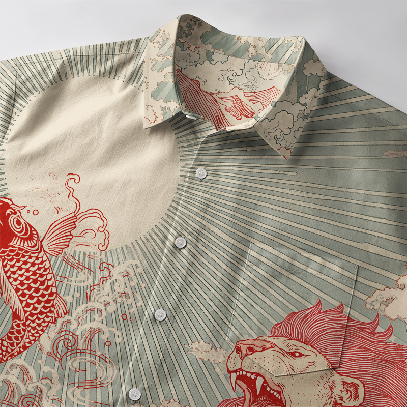Tokyo-Tiger Waves Of Lion And Koi Button-up Shirt