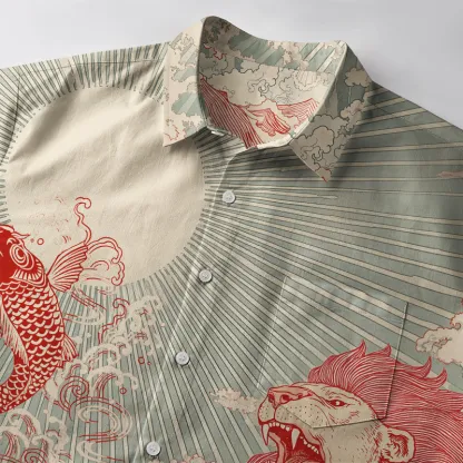Tokyo-Tiger Waves Of Lion And Koi Button-up Shirt