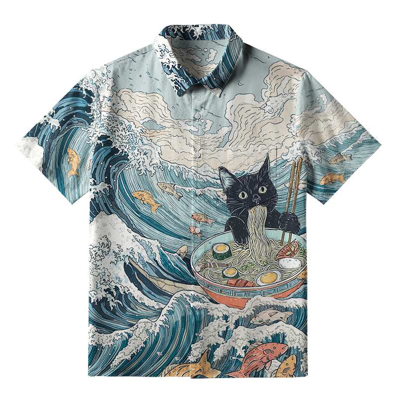 Tokyo-Tiger Naughty Cat Eating Ramen Button-up Shirt