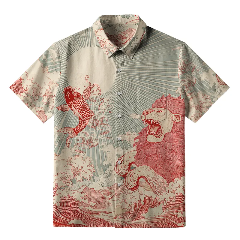 Tokyo-Tiger Waves Of Lion And Koi Button-up Shirt