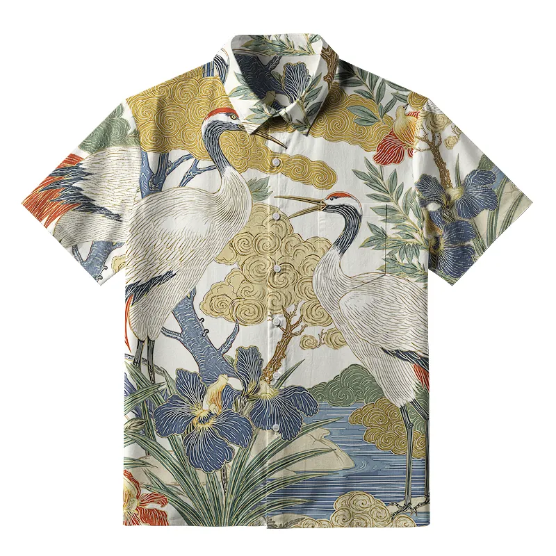 Tokyo-Tiger Red-Crowned Cranes By The Stream Button-up Shirt