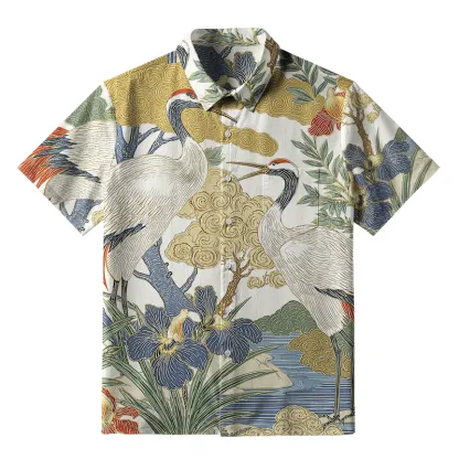 Tokyo-Tiger Red-Crowned Cranes By The Stream Button-up Shirt