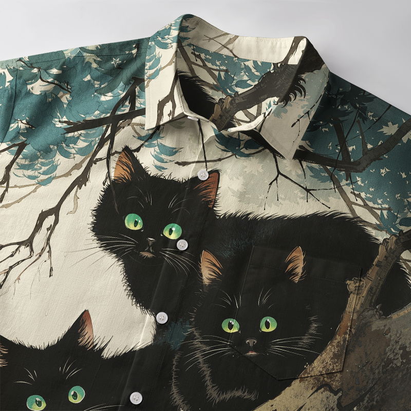 Tokyo-Tiger Three Shocked Cats On A Branch Button-up Shirt