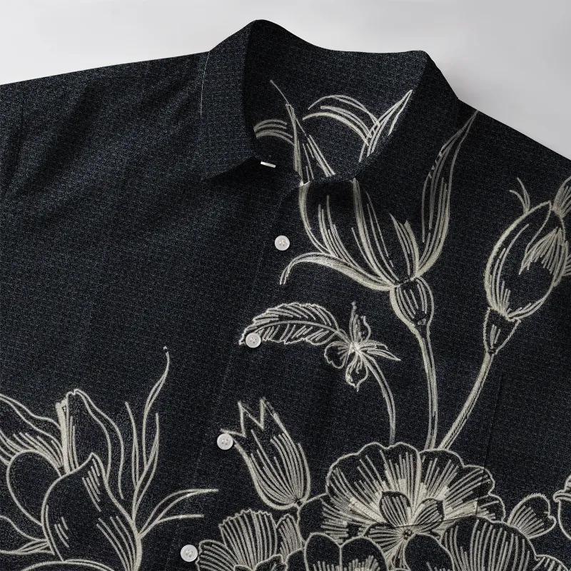 Tokyo-Tiger Monochrome Floral Elegance Button-up Shirt