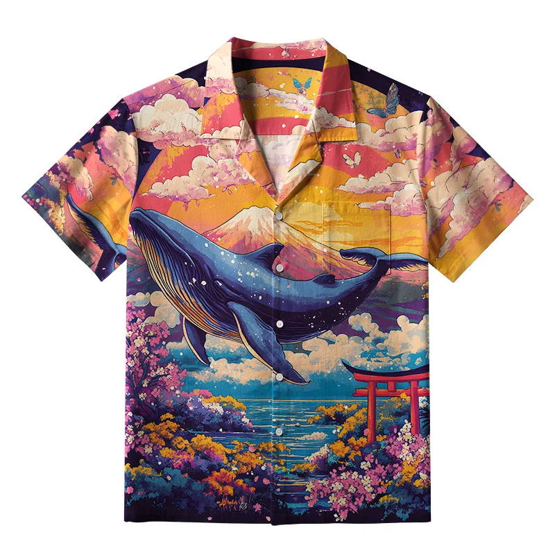 Tokyo-Tiger Whale Over The Sea Of Flowers Aloha Hawaiian Shirt