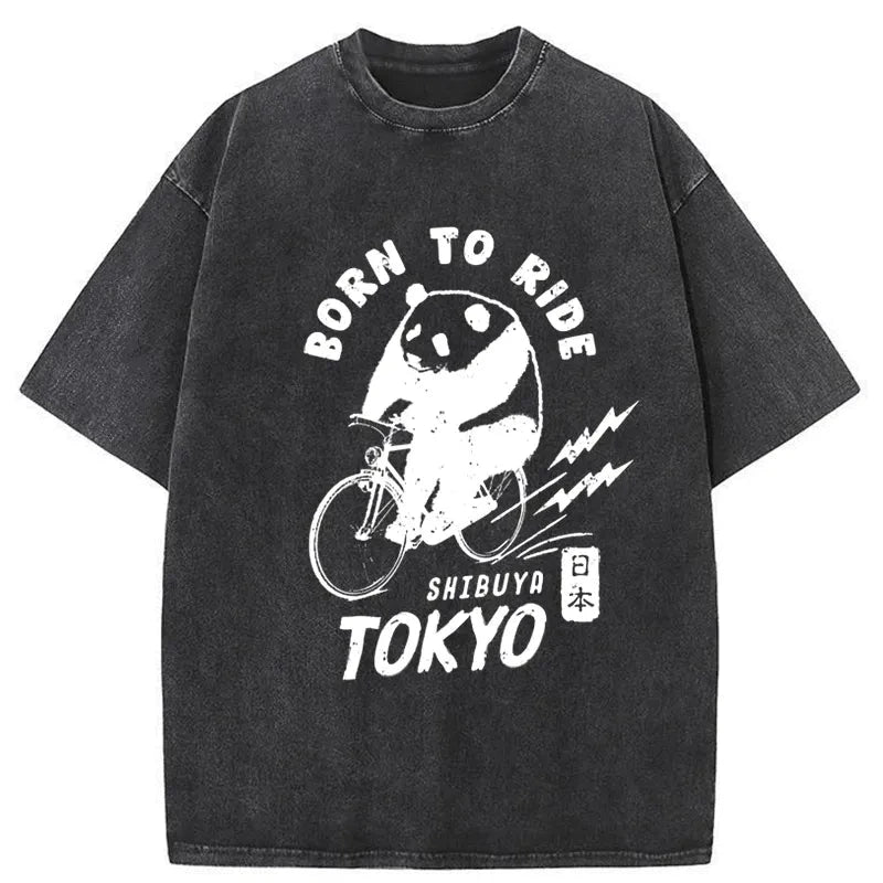 Tokyo-Tiger Pandas Ride Bicycles Washed T-Shirt