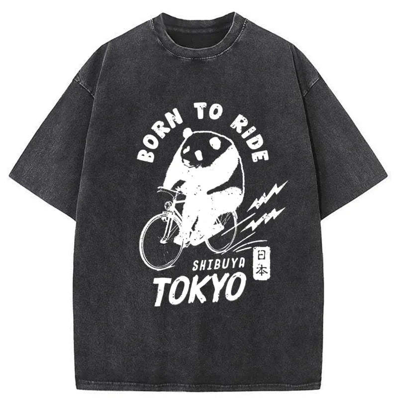 Tokyo-Tiger Pandas Ride Bicycles Washed T-Shirt Sale