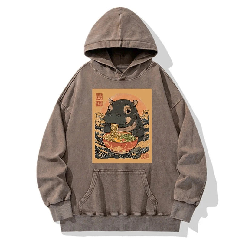 Tokyo-Tiger Moo Deng Eat Ramen Washed Hoodie