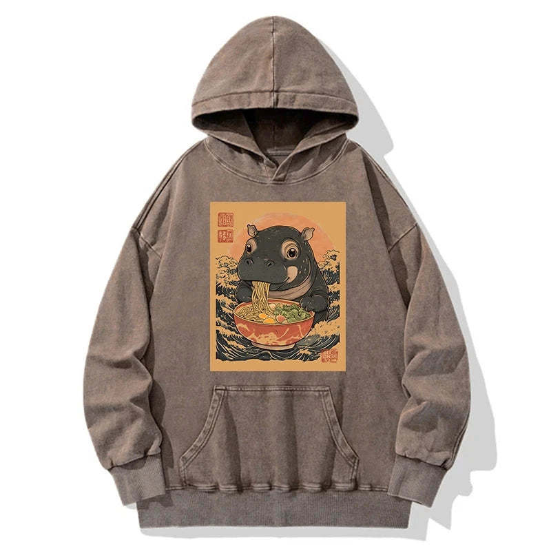 Tokyo-Tiger Moo Deng Eat Ramen Washed Hoodie