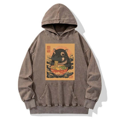 Tokyo-Tiger Moo Deng Eat Ramen Washed Hoodie