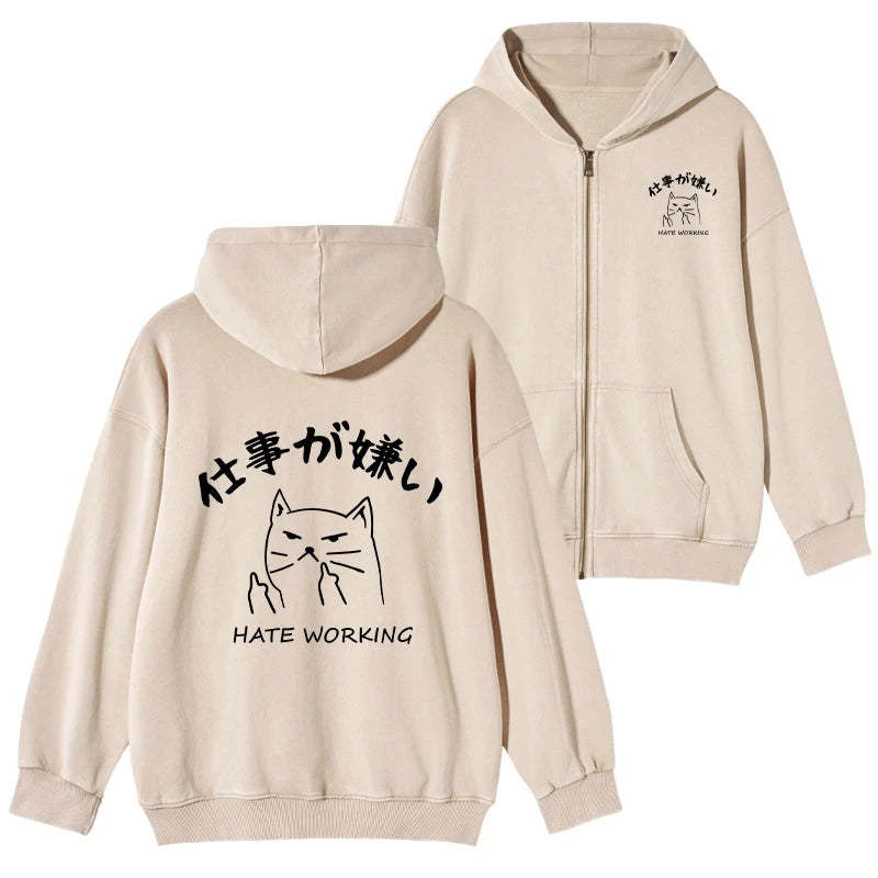 Tokyo-Tiger A Cat That Hates Work Washed Zip Hoodie-tokyo-tiger