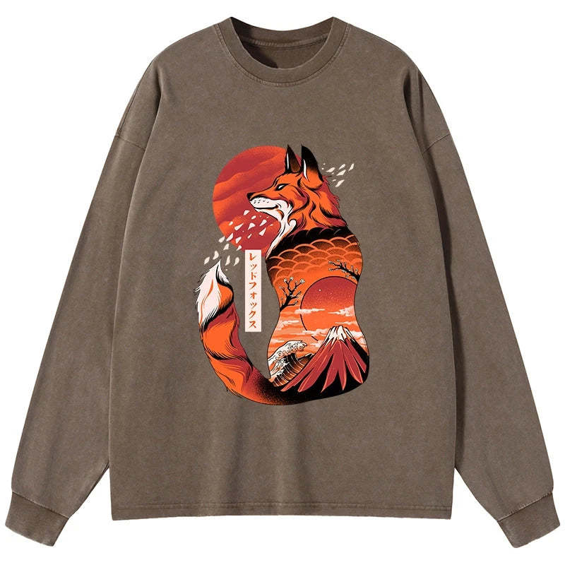 Tokyo-Tiger Japanese Fox KitsuneTattoo Washed Long Sleeve T-Shirt Sale