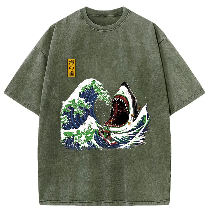Tokyo-Tiger The Great Wave Ukiyoe Shark Washed T-Shirt