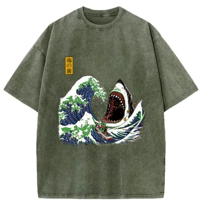 Tokyo-Tiger The Great Wave Ukiyoe Shark Washed T-Shirt