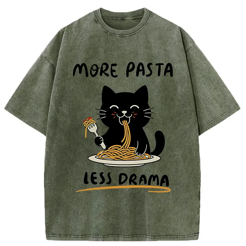 Tokyo-Tiger More Pasta Less Drama Cat Washed T-Shirt