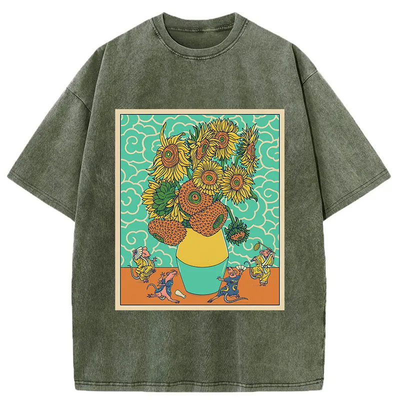 Tokyo-Tiger Japanese Mouse Dancing Sunflower Washed T-Shirt