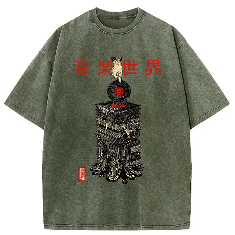 Tokyo-Tiger Retro Music Records Washed T-Shirt