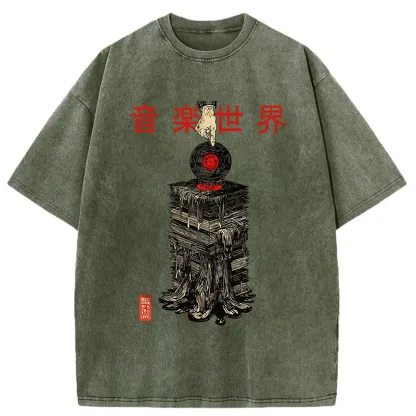 Tokyo-Tiger Retro Music Records Washed T-Shirt