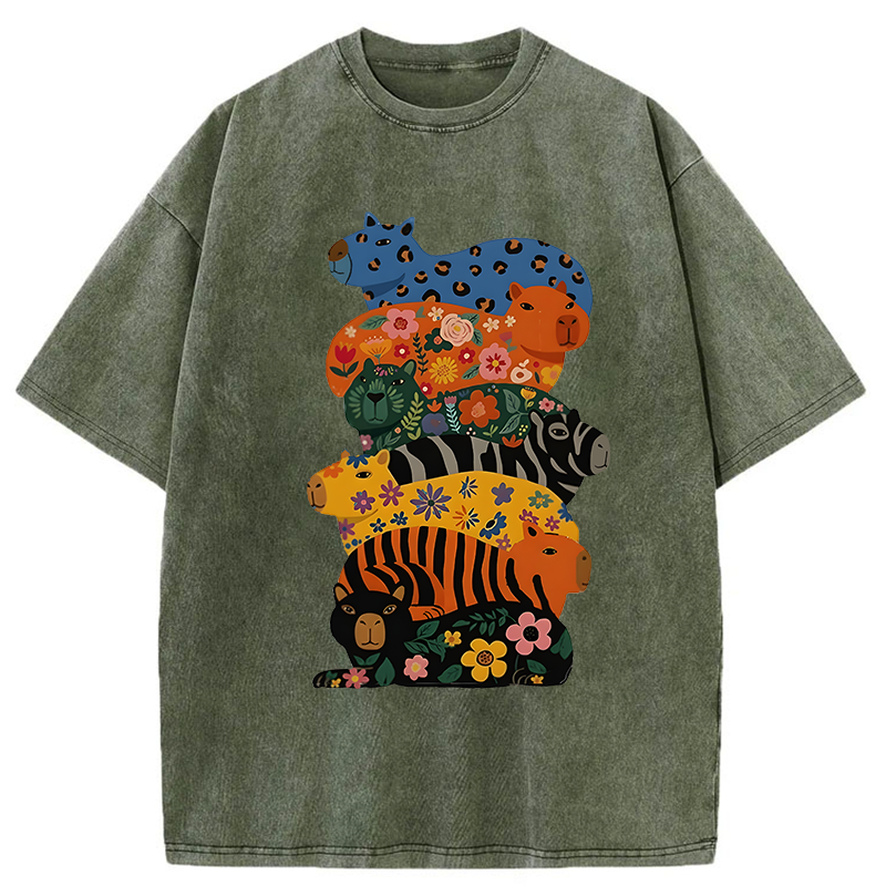 Tokyo-Tiger Cute Colorful Capybaras Washed T-Shirt