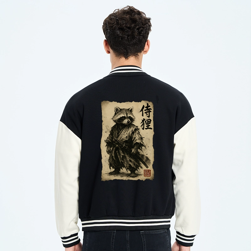 Tokyo-Tiger Retro Raccoon Samurai Embroidery Varsity Jacket