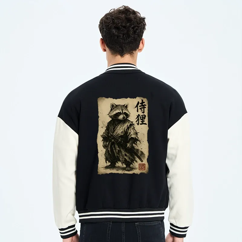 Tokyo-Tiger Retro Raccoon Samurai Embroidery Varsity Jacket