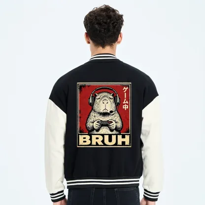 Tokyo-Tiger Funny Capybara Playing Games Embroidery Varsity Jacket