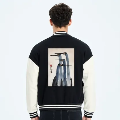 Tokyo-Tiger Retro Sandhill Crane Embroidery Varsity Jacket