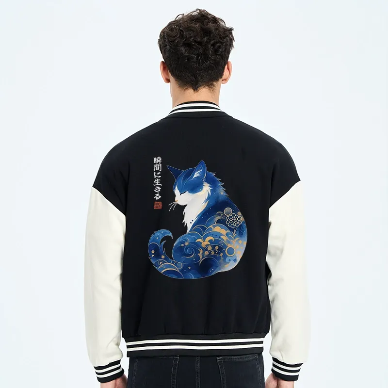 Tokyo-Tiger Retro Zen Cat: Living the Present Embroidery Varsity Jacket