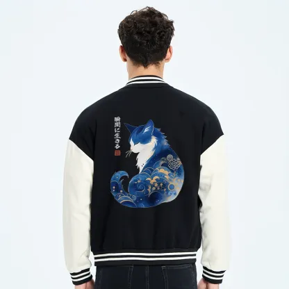 Tokyo-Tiger Retro Zen Cat: Living the Present Embroidery Varsity Jacket