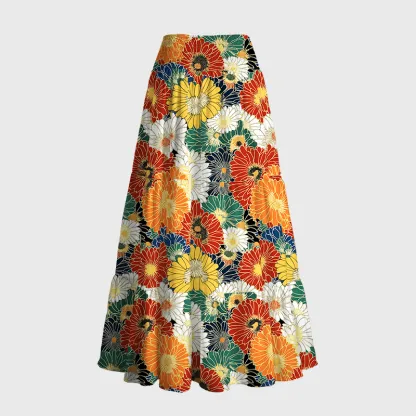 Tokyo-Tiger Colorful Chrysanthemums Maxi Skirt