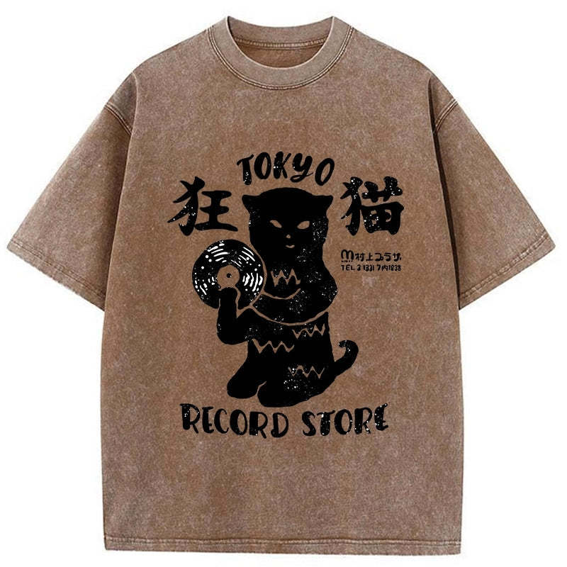 Tokyo-Tiger Tokyo Record Store Cat CD Washed T-Shirt