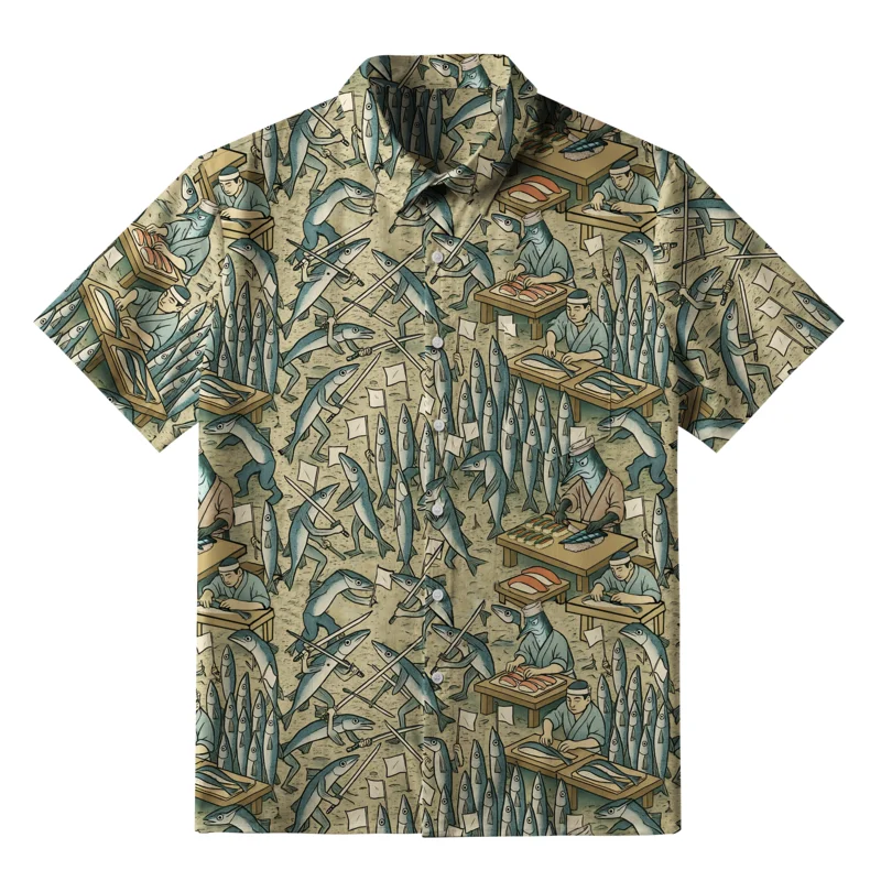 Tokyo-Tiger Funny Sushi Making Button-up Shirt