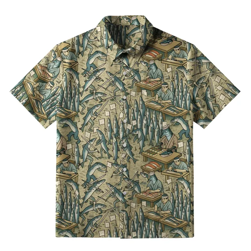 Tokyo-Tiger Funny Sushi Making Button-up Shirt