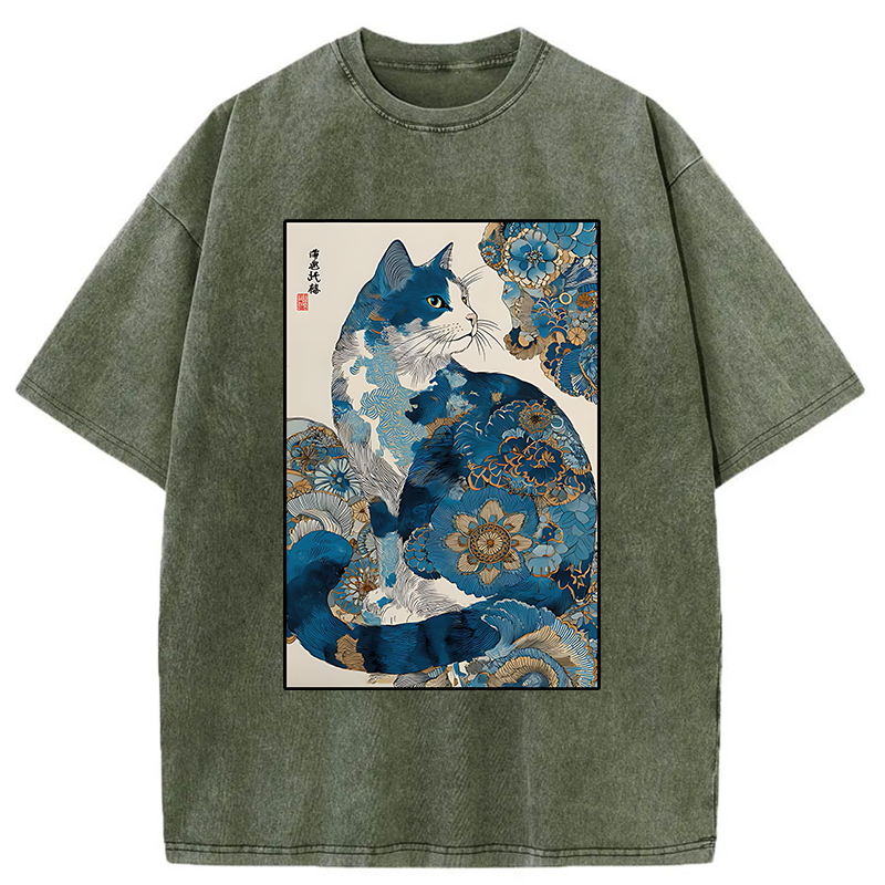 Tokyo-Tiger Japanese Ukiyo-e Flowers Cat Washed T-Shirt