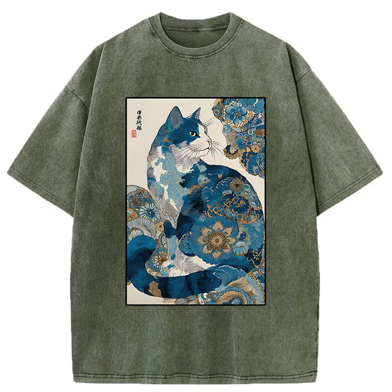 Tokyo-Tiger Japanese Ukiyo-e Flowers Cat Washed T-Shirt