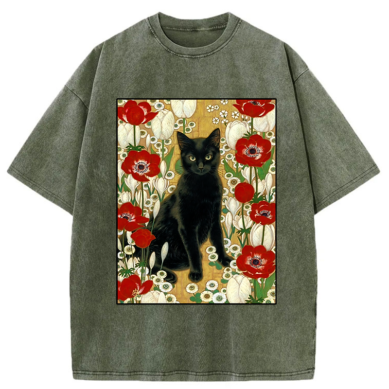 Tokyo-Tiger Black Cat In The Garden Washed T-Shirt