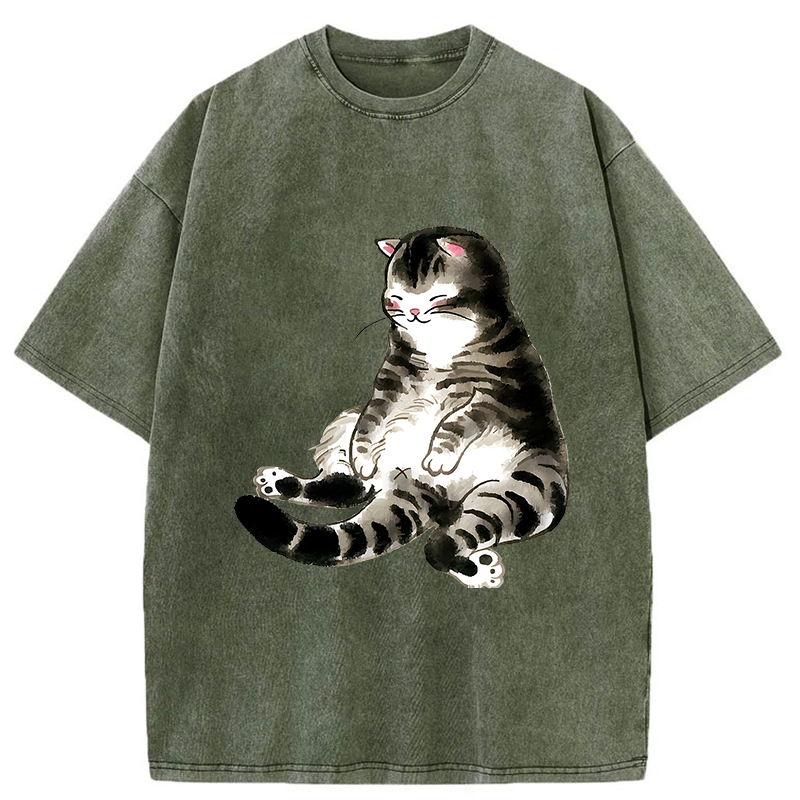 Tokyo-Tiger Ink Painting Cute Cat Washed T-Shirt