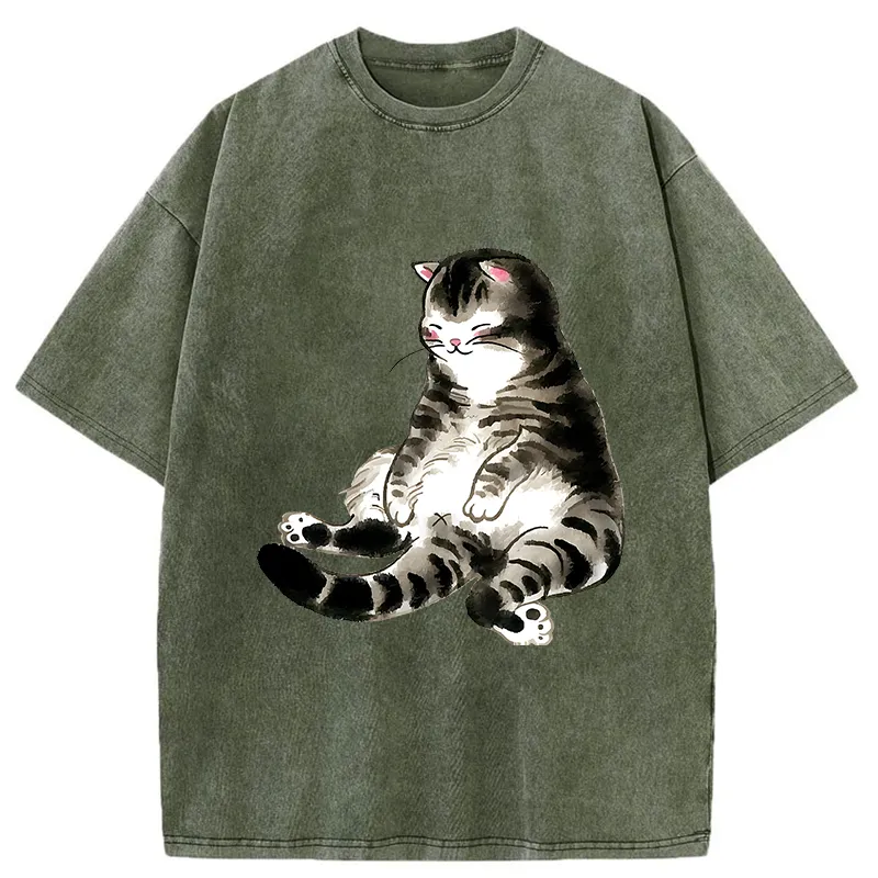 Tokyo-Tiger Ink Painting Cute Cat Washed T-Shirt