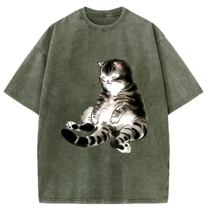 Tokyo-Tiger Ink Painting Cute Cat Washed T-Shirt
