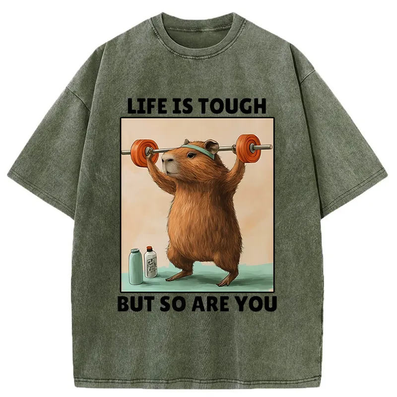 Tokyo-Tiger Capybara Lifting Weights Washed T-Shirt Sale