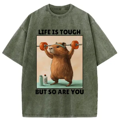 Tokyo-Tiger Capybara Lifting Weights Washed T-Shirt