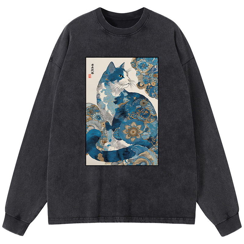 Tokyo-Tiger Japanese Ukiyo-e Flowers Cat Washed Long Sleeve T-Shirt