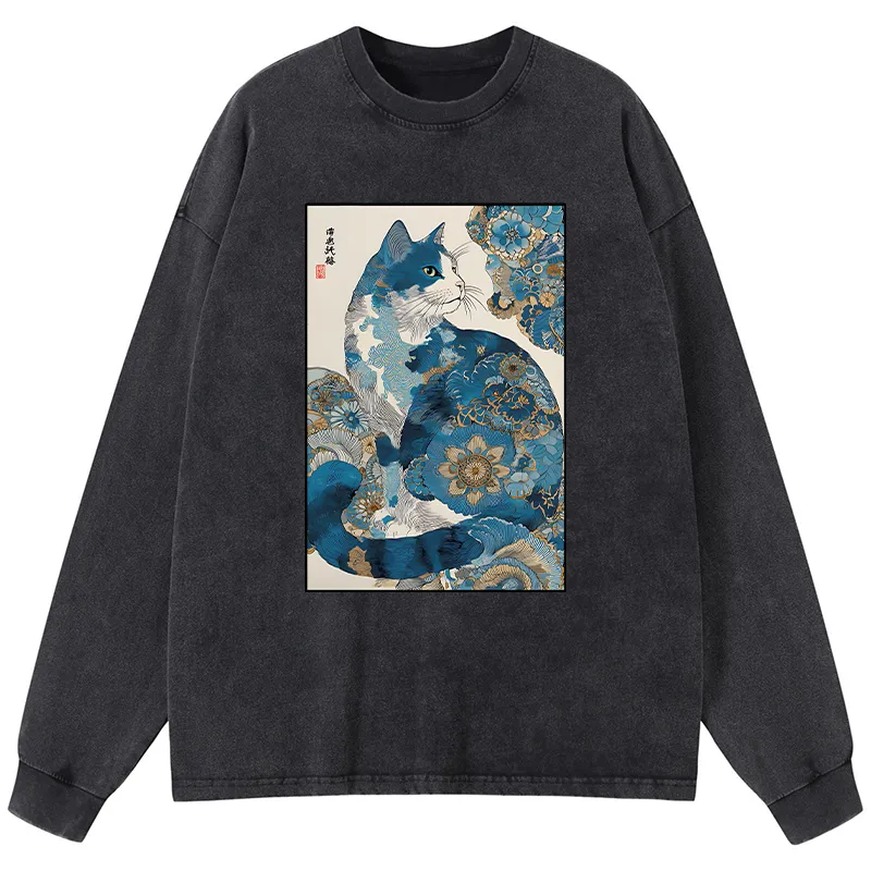 Tokyo-Tiger Japanese Ukiyo-e Flowers Cat Washed Long Sleeve T-Shirt