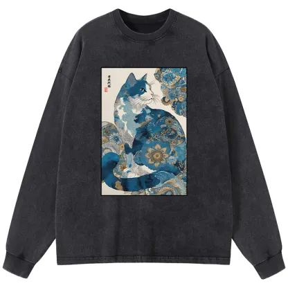 Tokyo-Tiger Japanese Ukiyo-e Flowers Cat Washed Long Sleeve T-Shirt